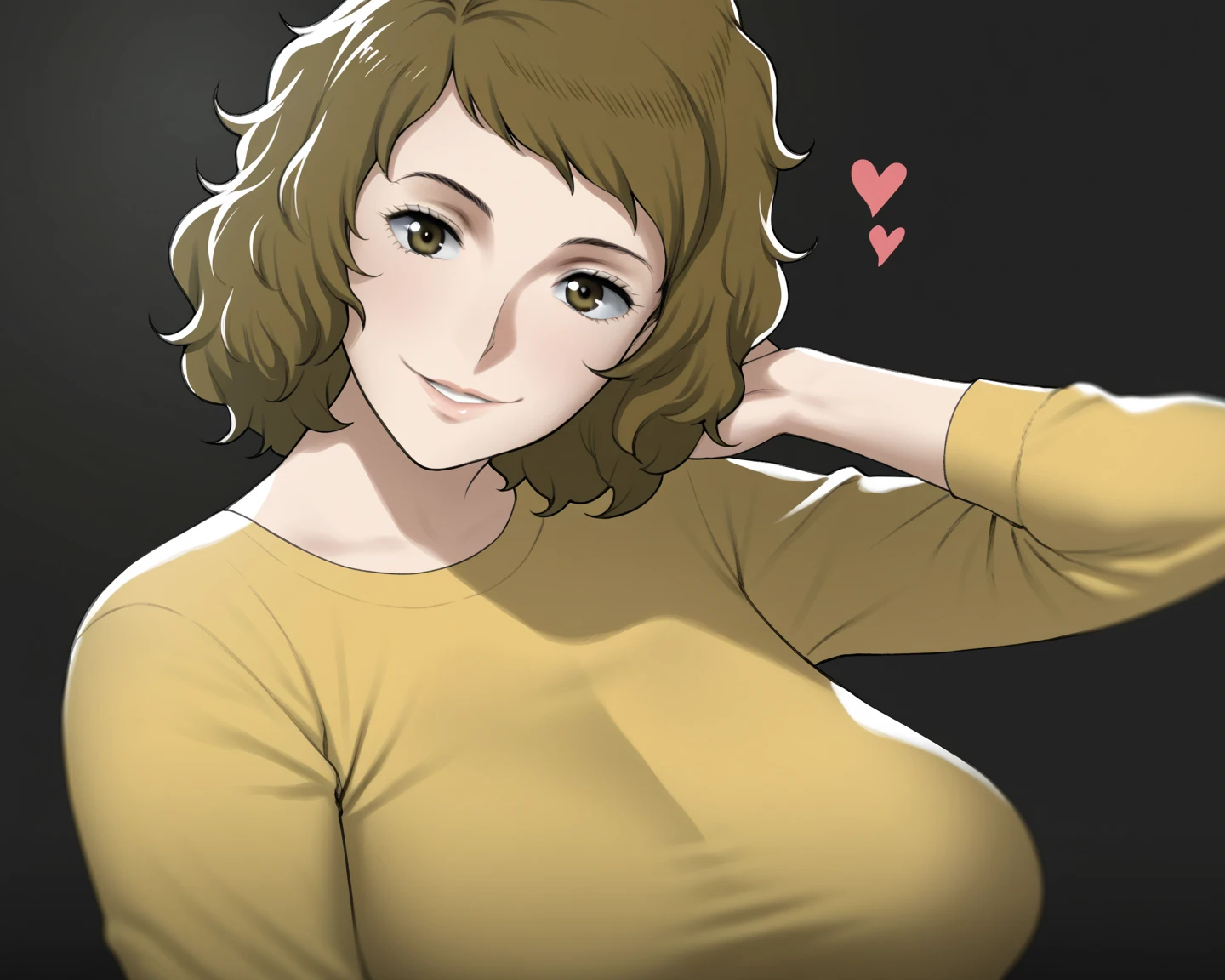 score_9, score_7_up, 1girl, solo, kawakami sadayo, mature female, portrait, light smile, depth of field, yellow sweater, mature female, large breasts, head tilt, heart, black background