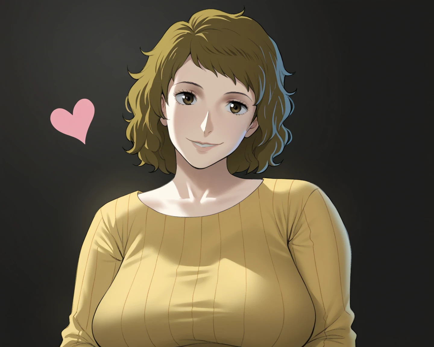 score_9, score_7_up, 1girl, solo, kawakami sadayo, mature female, portrait, light smile, depth of field, yellow sweater, mature female, large breasts, head tilt, heart, black background