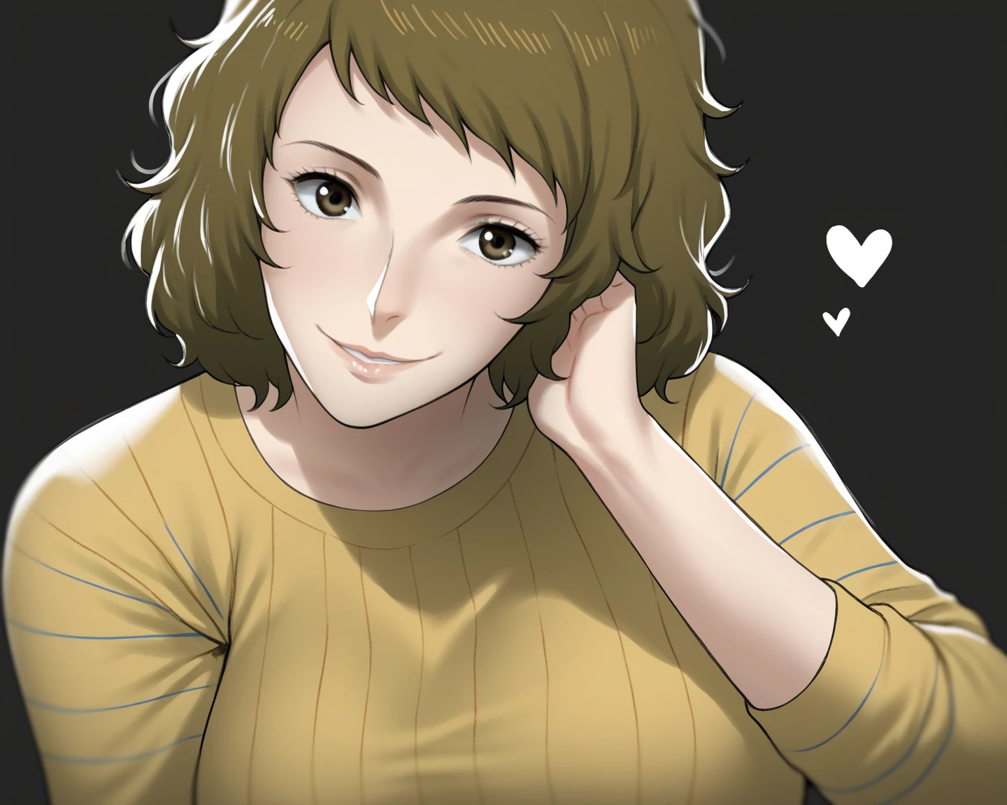 score_9, score_7_up, 1girl, solo, kawakami sadayo, mature female, portrait, light smile, depth of field, yellow sweater, mature female, large breasts, head tilt, heart, black background