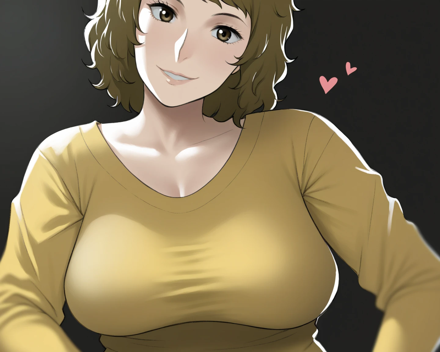 score_9, score_7_up,  a full body girl, Alone , Kawakami Sadayo, mature woman, portrait, light smile, depth of field, yellow sweater, mature woman, big breasts, head tilt, heart, black background,slutty