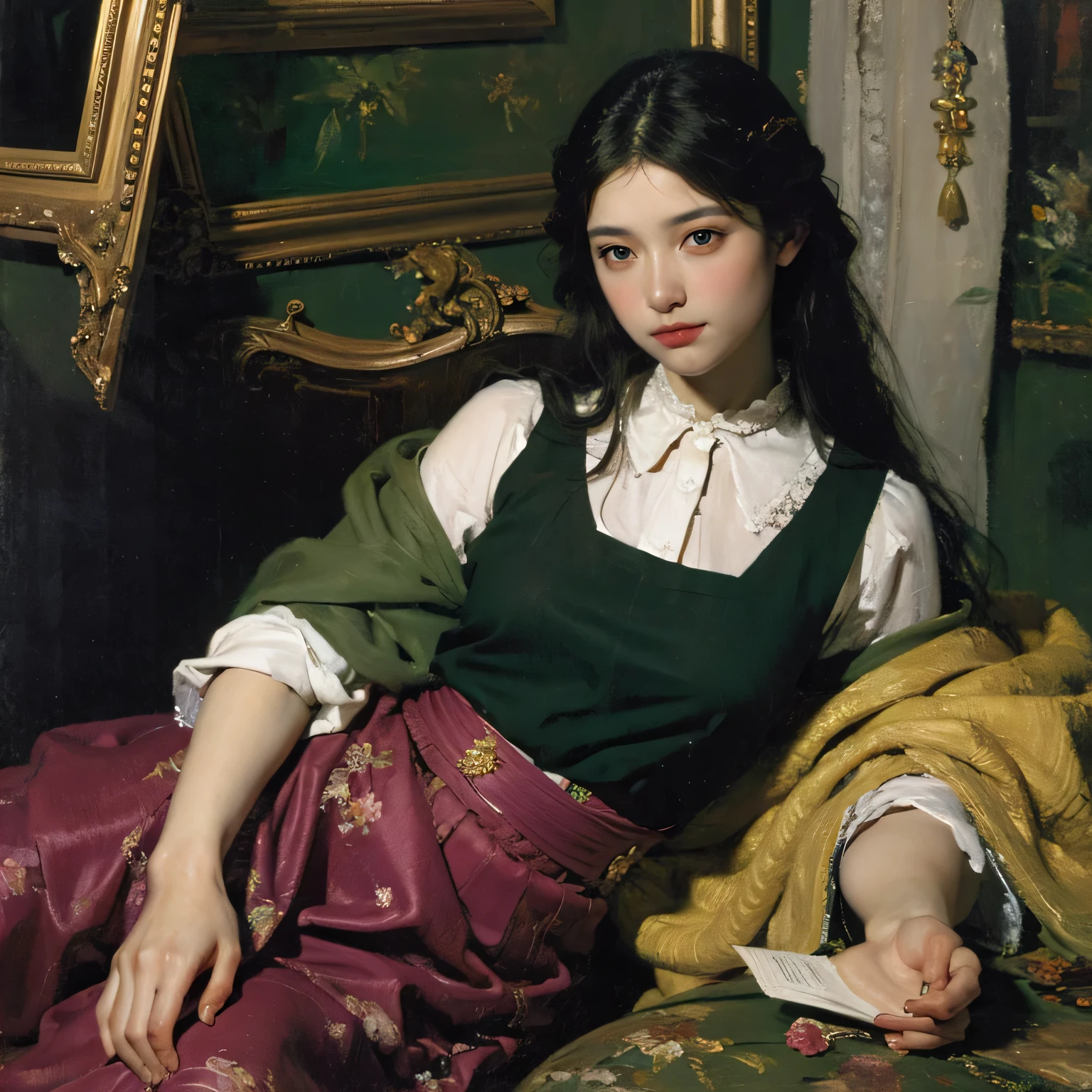 (oil painting:1.5), \\ a woman with (long curtly hair ), ((green eyes)) is lie on the ground in veil, peony, (amy sol:0.248), yellow, with skirt,(stanley artgerm lau:0.106), (a detailed painting:0.353), (gothic art:0.106)
