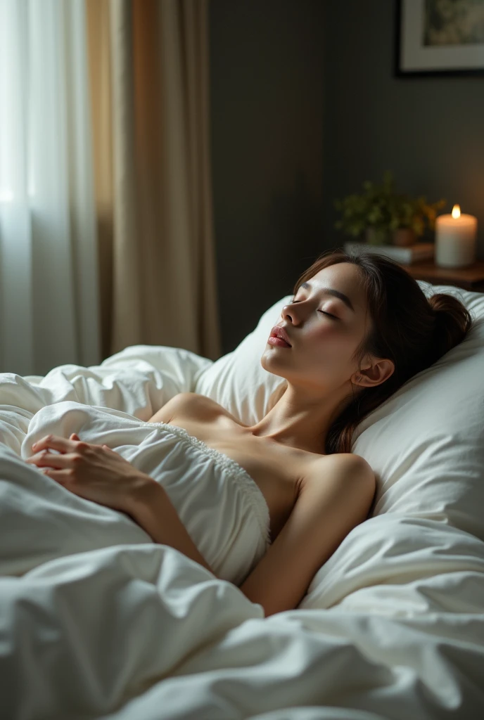 ( photo realism 1.2) photo realistic beautiful adult Malay women laying on bed body covered with white towels after shower dark room smokey effect sunlight effect at windows low light roomsmoke effect messy room