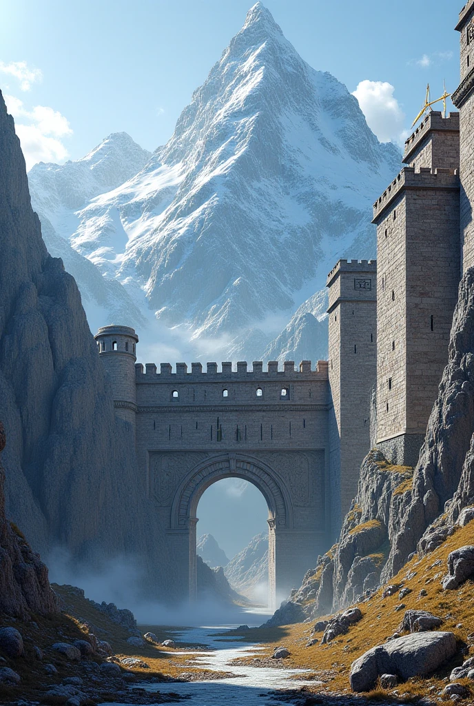 concept art, montanhas, In the background a huge detailed wall, medieval, hd, detalhes, cores vivas, foco