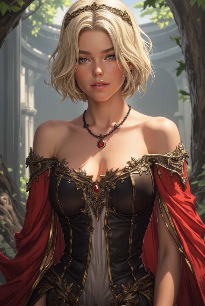 Milly Alcock,blonde short neck length hair,white hairband,black and gold noble dress,red cape,potrait,fantasy style