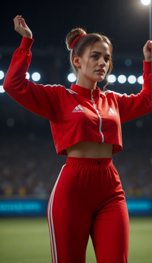 A girlis, plays soccer in a stadium, wears a leotard and shorts, dynamisch, Ultra 4K, Selbstbewusstes Erscheinungsbild, betonter po