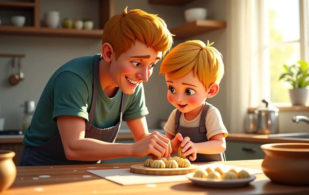 Photography - dad and son making dumplings in the kitchen - realism, 8k?, photorealism - !dad and son are blondes! 