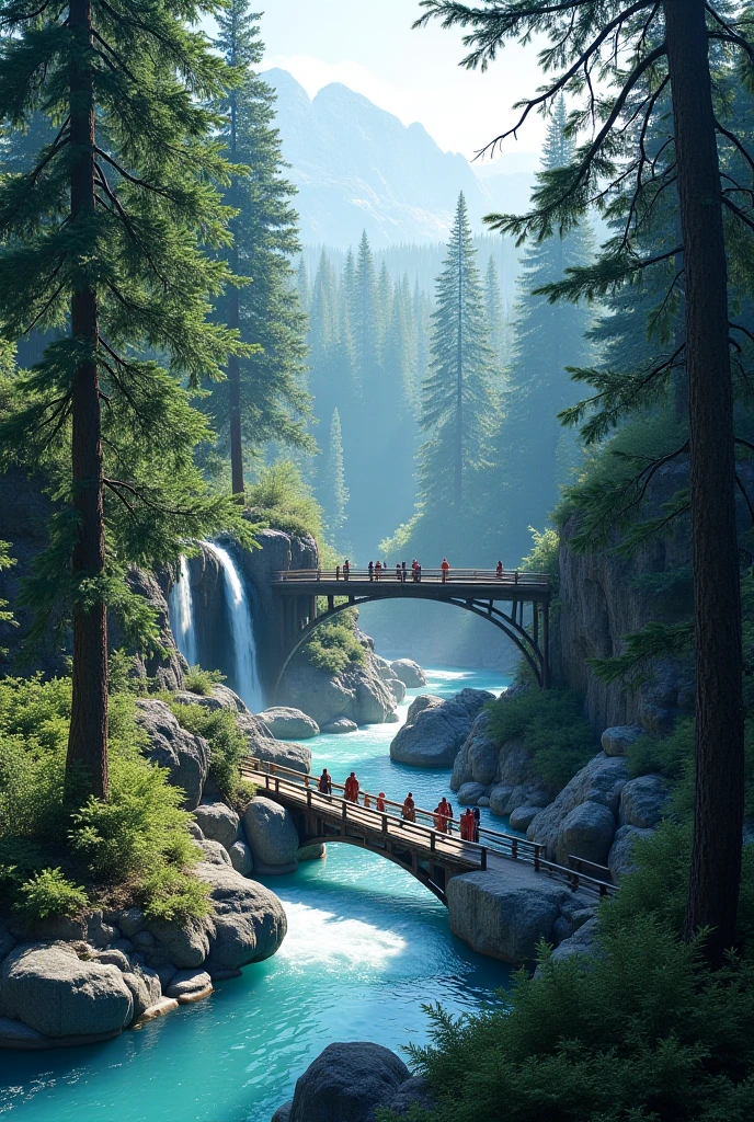 ice streams, boulders, dense coniferous forests, boulders, wooden bridges, grottoes  