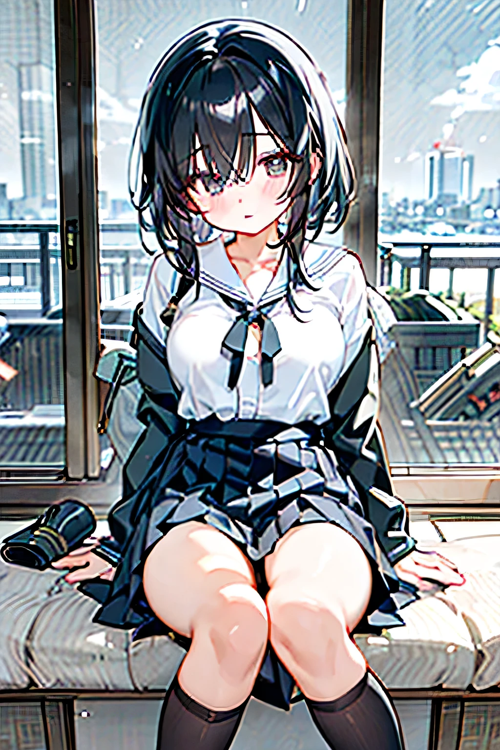 City,one beautiful girl,(( hairstyle that hides one eye)),stupid hair,Mysterious Atmosphere, natural body,Clear Skin,(Sexy body type,marshmallow breasts ,slender), Kunoichi,beautiful black hair,beautiful light black eyes,detailed clothes,well-groomed face,Fair skin,Japanese face,(uniform,skirt,knee socks,loafers), quiet personality ,