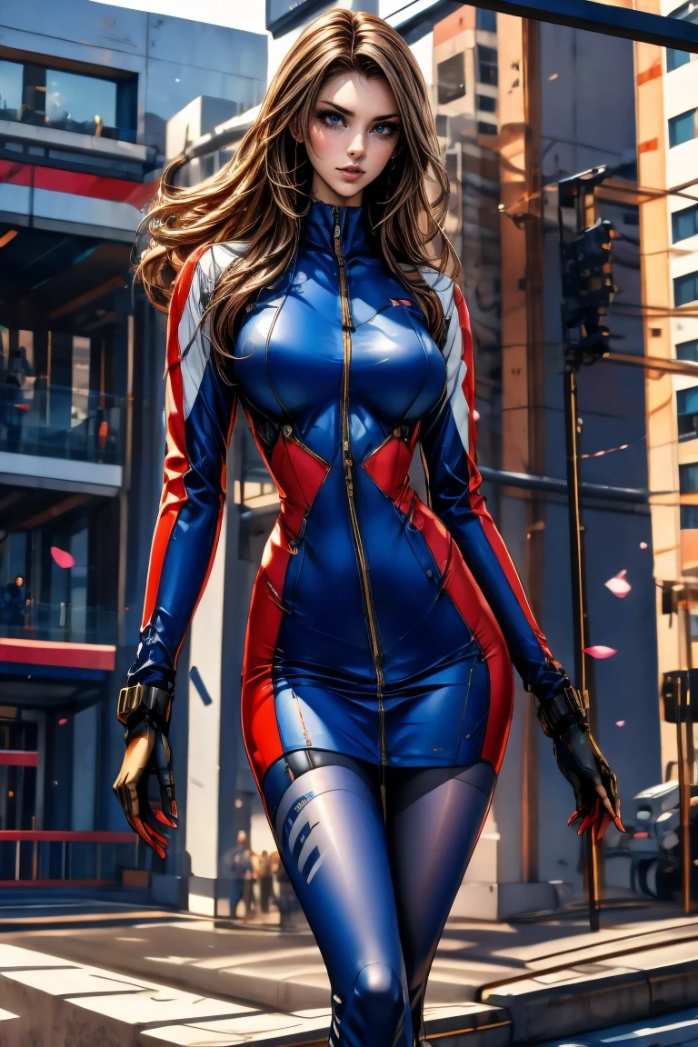 masterpiece、High quality 4K、villain (X-Men)、Gothic Girl、Sculpted Body Gothic Makeup、Black jacket、Red and blue bodysuit、masterpiece、highest quality、Cowboy Shots、one personの女の子、one person、Technology Military Bodysuit、fringe、Kat Dennings