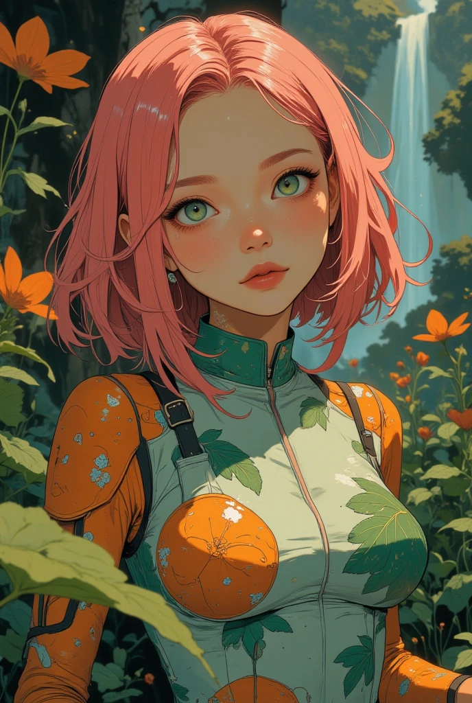 1 girl \( small size, Anime Picture ,Pink Haired Girl、Blue eyes with both eyes、, leaf dress, plump ???????\), The background is a giant orange frog, (( Miniature Worlds :1.0)), Depth of Field,  slide to the side , tilt and shift, masterpiece, hyper detail, anatomically correct, SUPER DETAILS, Advanced Details, Top Quality, hi-res icon, very aesthetic, Incredibly Absurd.