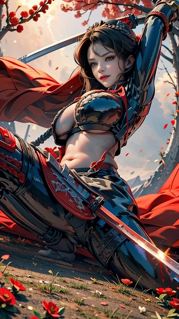 ((from below:1.2),(looking at viewer:1.8)),(1girl,(curvy:1.2),petite,beautiful breasts,(large breasts:1.5),pale skin,pointy breasts,(erect nipples),sweat),((clothed:1.5),leather boots,leather gauntlet,(carbon armor:1.5),(red embroidered white rash guard:1.5),(long silk sarong:1.5))),((realistic),8k,ultra hd,high resolution,best quality,masterpiece,(Sense of presence:1.5),(Dynamic:1.5),(bold:1.5)),((extra long hair:1.5),hair blowing in the wind,blunt bangs,(extra light coppery red hair),hair over one eye),get down on one knee,(leaning forward),Brave stance,(water,(meadow:1.2))