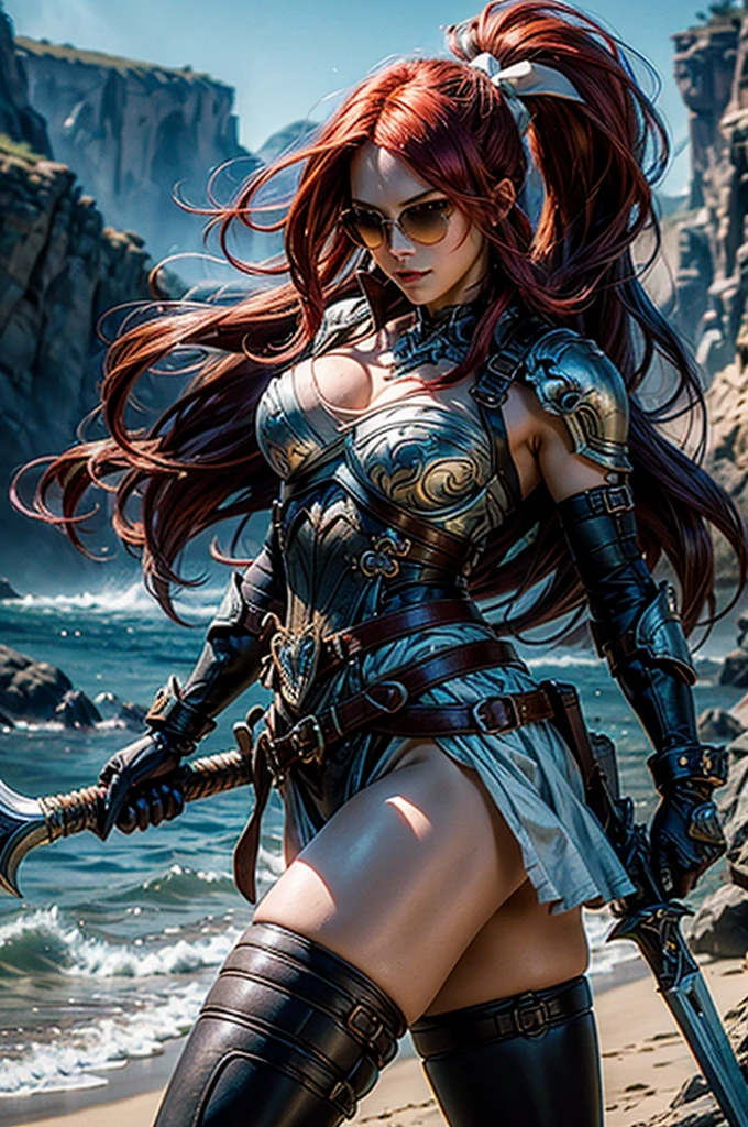 A retro-style pop art image of a sexy viking woman, with exaggerated features and bold colors. She wears armor adorned with elaborate patterns, a fiery mane flowing in the wind, and a confident, mischievous grin. The background showcases a chaotic, comic book-inspired seascape with tumultuous waves and swirling clouds. The overall aesthetic is playful, energetic, and full of vivid contrasts. --ar 16:9 --v 5.1