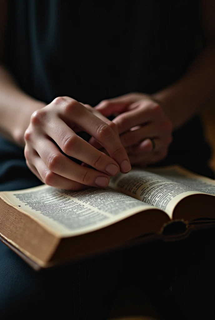 Close up of trembling skin with trembling skin, in contrast with the dark background. A soft light illuminates partly in an ancient book of capa de couro.