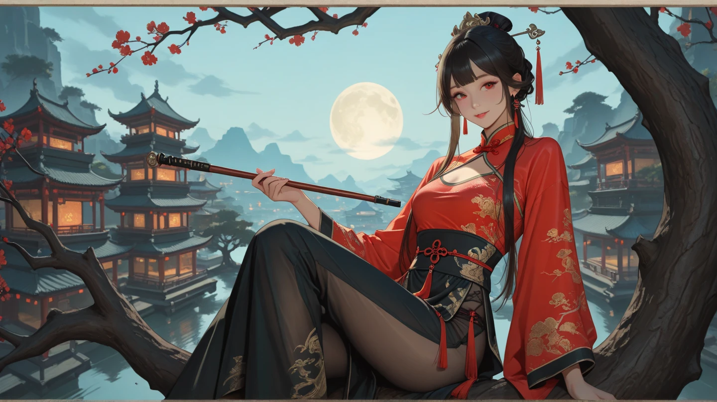 1girl, sitting_on_knees, full body, wearing haori on shoulder, prayimg hand gesture, (floating glowing ball:1.2), tall hat, detailed face, looking at viewer, dark background, cherry blossom tree, shinto shrine gate, renaissance elegant red and black, gold details, tied medium length wavy ebony hair, red pupils, gothic,