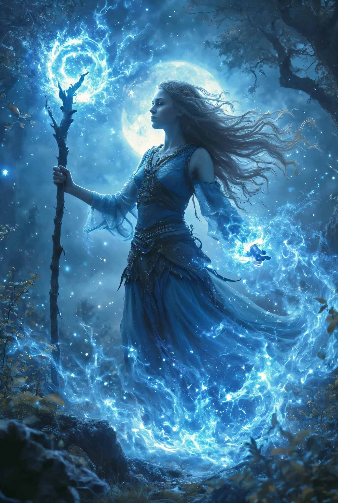 female human druid of the stars, guardian of nature, controlling magical energy made of stars, swirling blue stary magical light, divine symbols high details, dynamic angle, human female, extremally beautiful, ultra feminine, dynamic hair, dynamic hair color, wearing leather armor , holding a staff, moon light, stars, dynamic natural background, RPG art, magical atmosphere magic-fantasy-forest, dnd art, rpg art ultra best realistic, best details, best quality, 16k, masterpiece, best quality, (extremely detailed), photorealism, depth of field, hyper realistic painting, ultra wide shot, , realistic art , invert color, Celestial Fantasy
