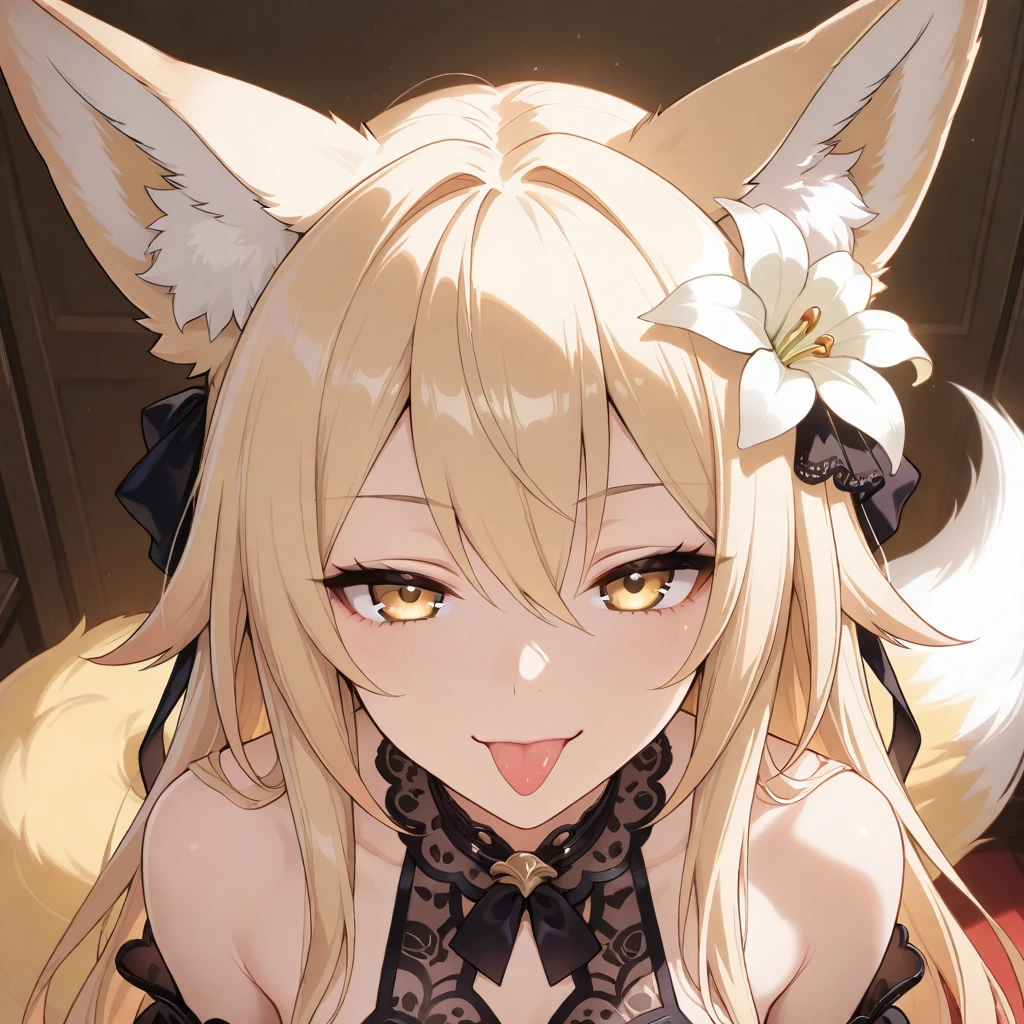 (masterpiece, best quality) junior,detailed, (beautiful,small breasts), blonde,long hair, side ponytail(tied to the left),Hairpin decoration with gold butterfly, elegant, (fox ears),nine tailed fox tail, red eyeshadow, golden eyes, femur,black pajamas,ruffle pajamas,Bedroom Background,Lying in bed,girl,yandere,Wearing black tights