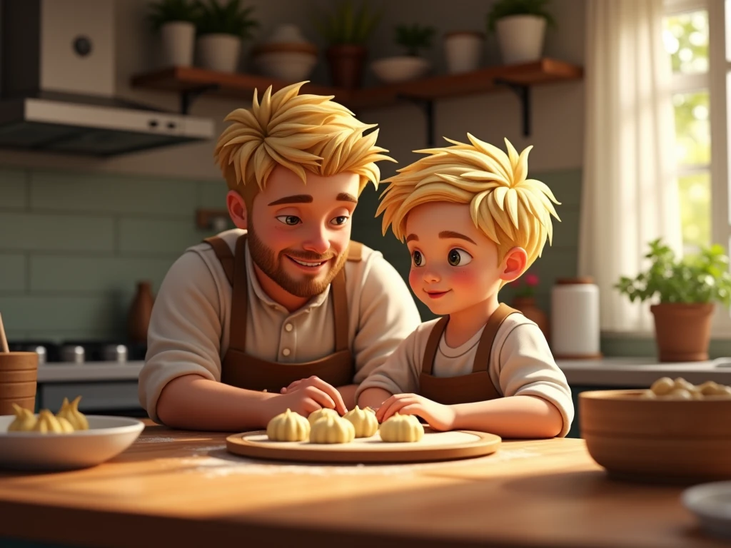 Photography - dad and son making dumplings in the kitchen - realism, 8k?, photorealism - !dad and son are blondes! real photo