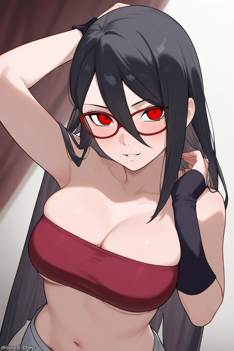 Ainme girl . Black hair . Red eyes . Wearing simple witches clothes . Wearing circle glasses . Arrogant smirk