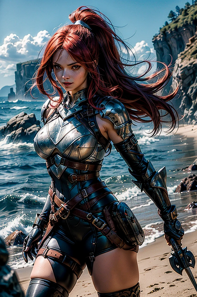 masterpiece, best quality, highres, erza scarlet, fairy tail, smile, long hair , red hair , ponytail , white ribbon , hair over one eye , brown eyes , large breasts , collarbone ,  black bodice, breastplate with dragon motif, waist-guard, gauntlets, thigh-highs, decorated leg plates , brown elbow-pads, (sunglasses), holding weapon , broad sword , standing on beach, rocky cove, cliff face, cowboy shot, dynamic pose,  looking at viewer, masterpiece,stunning girlfriend, heart shaped face, elegant face, beautiful face, highly detailed face, highly detailed skin, skin pores, subsurface scattering, realistic pupils, looking at viewer, full lips, detailed background, depth of field, atmospheric perspective, volumetric lighting, sharp focus, absurdres, realistic proportions, good , (realistic, hyperrealistic:1.4), 16k hdr,