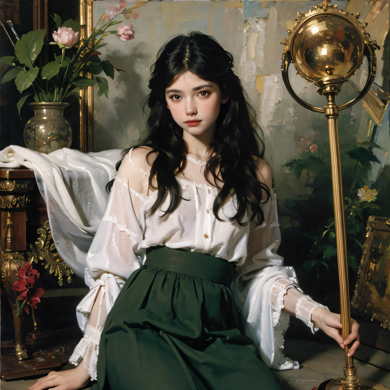 (oil painting:1.5), \\ a woman with (long curtly hair ), ((green eyes)) is lie on the ground in veil, peony, (amy sol:0.248), yellow, with skirt,(stanley artgerm lau:0.106), (a detailed painting:0.353), (gothic art:0.106)
