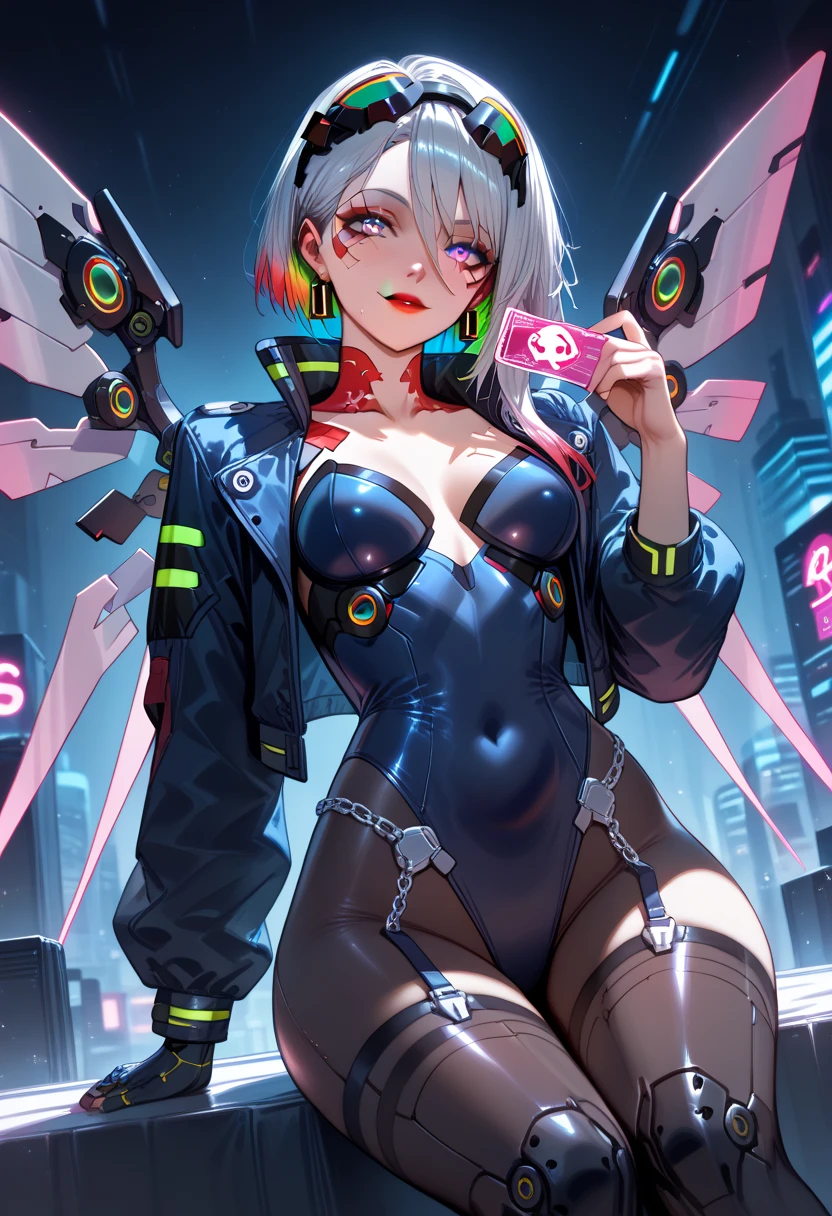 alta resolução, obra-prima, melhor qualidade, 1girl, many tattoos, lying down, roupa futurista, estilo cyberpunk neon, ao fundo cidade cyberpunk a noite, pele finamente detalhada, seios enormes, pernas muito musculosas