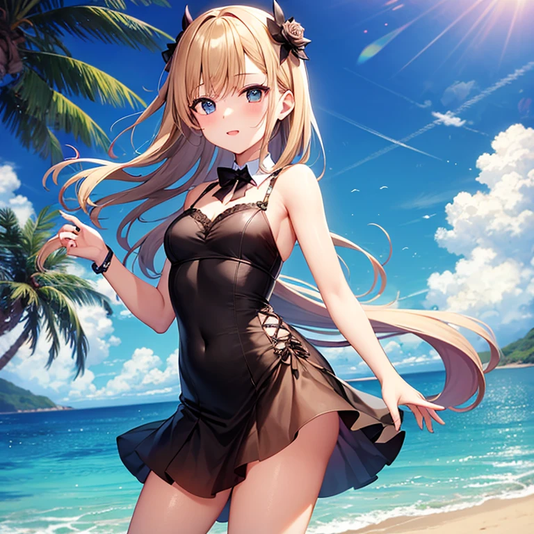 anime girl in a black and pink swimsuit holding an umbrella, swimsuit, marisa kirisame, is wearing a swimsuit, bathing suit, cushart krenz key art feminine, at the beach, extremely detailed artgerm, in the beach, marin kitagawa fanart, blonde anime girl with long hair, seductive anime girl, rin, at a beach