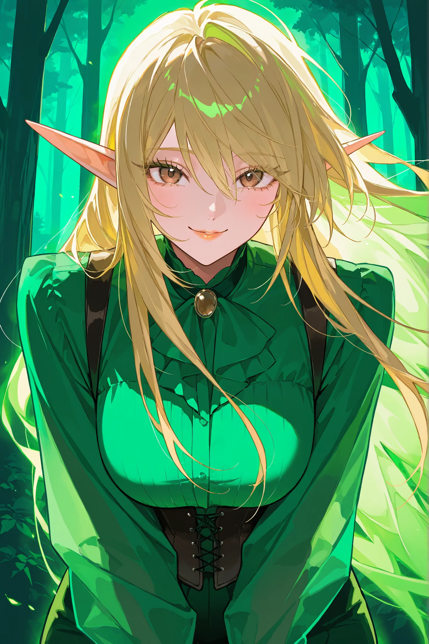Black background with spotlight, (Elf Girl:1.3)((Dark Skin:1.5,Golden eyes:1.4,Bright green hair:1.3,Gal Style,big ,)),, (Long blonde hair:1.2), (Bright green eyes:1.3), White jacket,Blue mini skirt