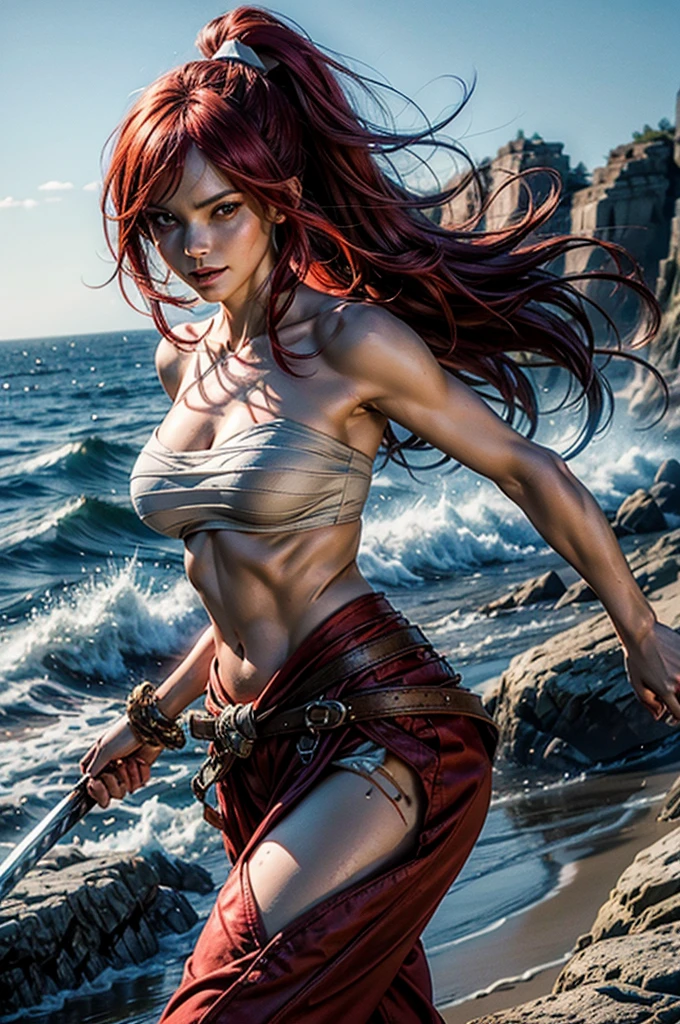 2lady, Kneel down, Back，Stretch your legs，foot，foot趾，Red Hair，Sexy，Nude Jersey, Holding a long sword，Side breast, Sexy的大腿，大wave发，Holding a spear，The fox is nearby，Delicate face, black eyes, A faint smile, become a, Large Breasts, Moonlit sky,Sky background at night，Ocean，wave，Rose