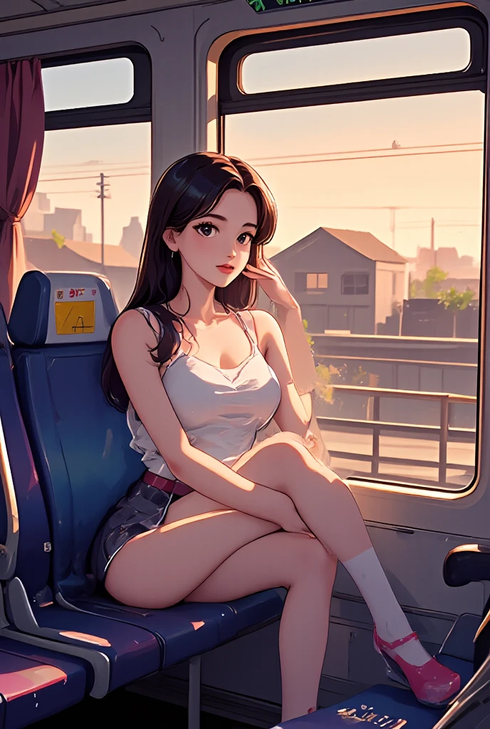 ((Perfect anatomy:1.2,Realistic:1.3,RAW photo:1.3,Masterpiece,Top quality,Ultra - High resolution,High resolution,Very detailed CG,8K)),Cowboy shot,1 woman,Alone,18 year old beauty,Japanese,((Beautiful and detailed face and eyes:1.2,Big beautiful eyes:1.2)),Dark brown hair,Long hair,Fringe,Medium chest,Slender body,Small head:1.5,Skinny,(Brown skin:1.4),(Oily skin,Shiny skin,Shiny skin,Sweat),((Extra large light_gray sweat shirt,Denim tight mini skirt)),(White socks,Black loafer shoes),Sitting on the sofa with knees up, legs spread,looking comfortable,On the train,Tokyo,