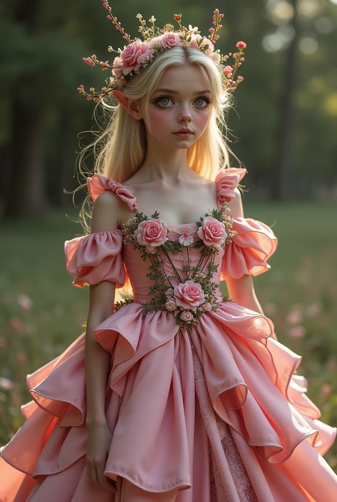 15 year old girl blonde blue eyes in pink princess dress she is sitting in a princess chair the princess dress spread around the chair she is looking at the viewer