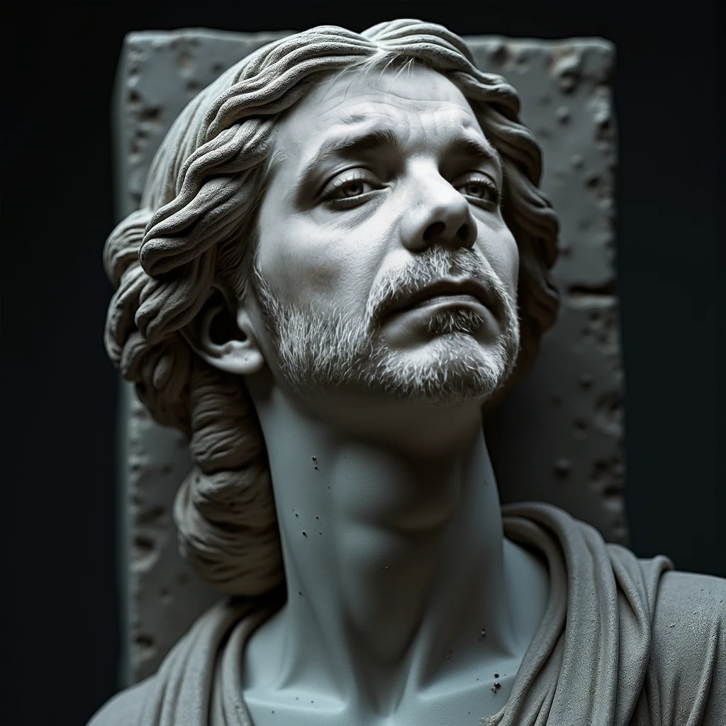  masterpiece,  en haute résolution de la tête d'une statue de pierre représentant un homme de la Renaissance . in high resolution from the head of a stone statue representing a beautiful Renaissance woman {x} The statue is built from a block of stone and the Background is the block of stone from which the face emanates.  The head swivels 45 degrees  .  La pierre est très brisée à plusieurs endroits , with deep grooves and worn stone  .   Foams come out of the darkest areas .  with worn stone .   The woman's eyes are closed to the sky  , en extase.   L'ensemble est froid et muet des nuances de gris  , with deep grooves and worn stone .  La combinaison de textures réalistes avec des éléments oniriques crée un sentiment de mystère ,  transcendence and an invitation to travel into the unknown and create a visual masterpiece of great quality and captivating beauty, in a world of silver dreams ,  of high quality and with many details , magical realism, Canon EOS 5D Mark 4 ,  lighting by REMBRANDT.