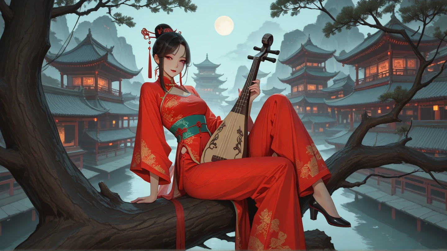 Create a picture of a Chinese girl, beautiful face, beautiful body, wearing ancient Chinese costume, she is sitting on an ancient tree branch playing the pipa, moonlit night, ancient city.