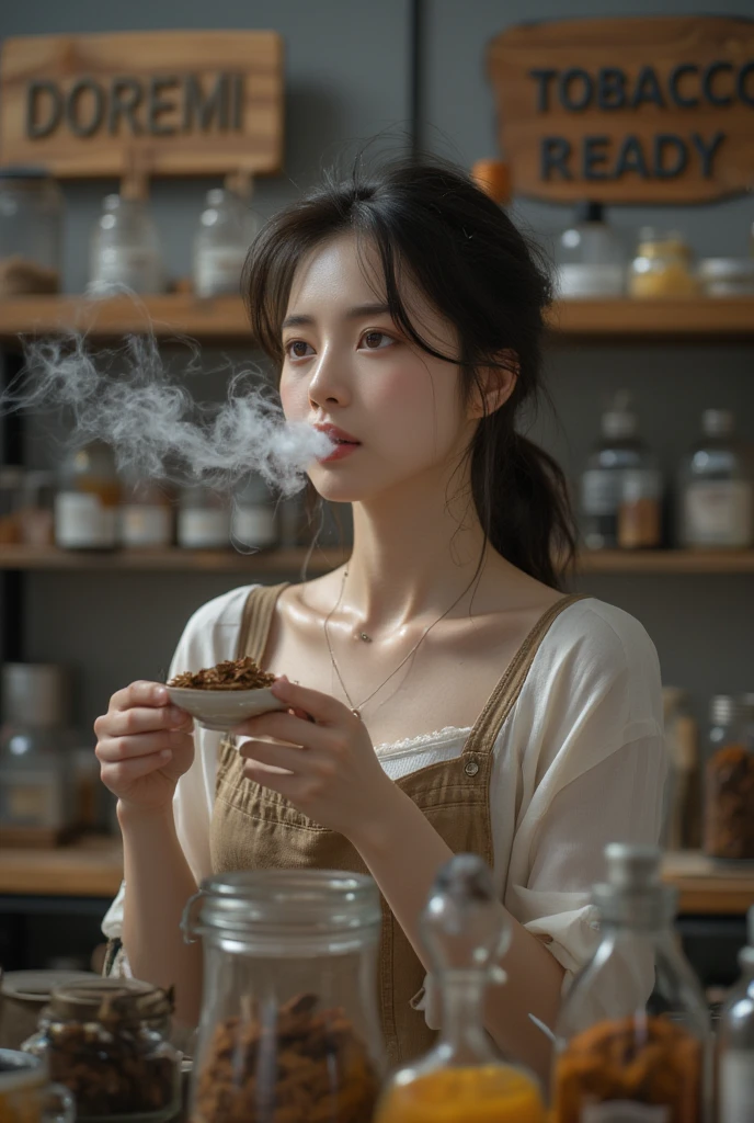 A beautiful Asian girl is smoking tobacco in a classic laboratory and sees a wooden board that says DOREMI TOBACCO READY, it also looks like several varieties of tobacco neatly arranged behind it with a unique glass jar container and several dry ovens made of stainless steel and some unique bottles of essentials