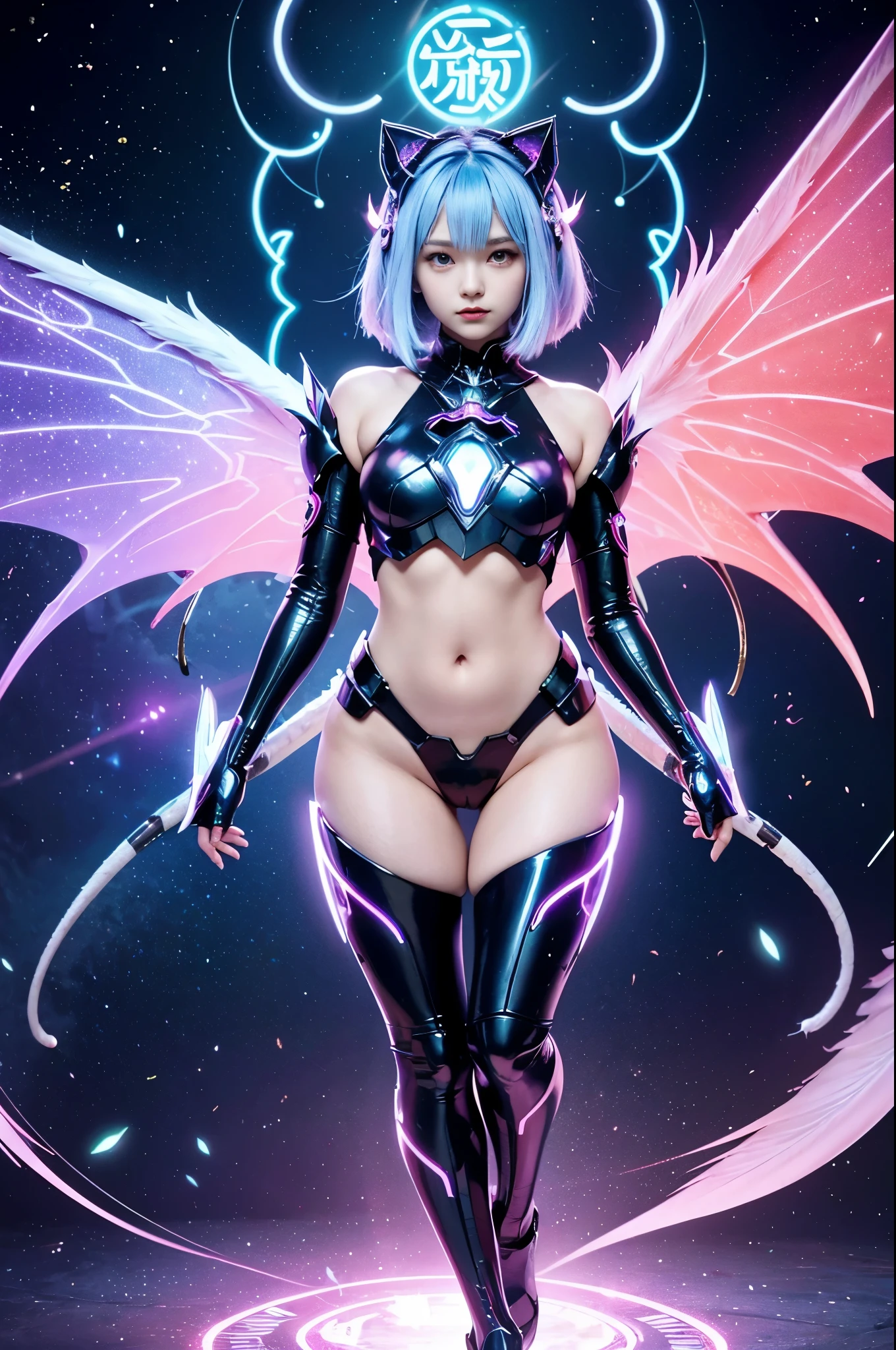 Luciwilde is a sexy cyborg with a entirely electric purple metallic body(obviously mechanical), metal helmet stylized as a fashion model hairdo (no hair visible), and a completely human face. She is flying through space propelled by jets in her feet. She has a guitar with a laser rifle built into it. Full body shot, show all of her, action pose with her weapon, best quality, extreme attention to detail, beautiful face
