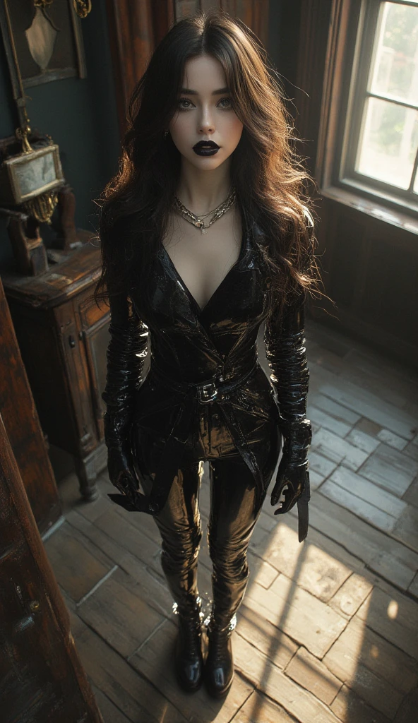 a fierce,full-bodied,gothic,natural black female,sassy,serious,resentful,sour,gothic,emo,pale,weary,longing,standing on platform boots,tight-fitting gloves,dramatic gestures,(best quality,4k,8k,highres,masterpiece:1.2),ultra-detailed,(realistic,photorealistic,photo-realistic:1.37),HDR,UHD,studio lighting,ultra-fine painting,sharp focus,physically-based rendering,extreme detail description,professional,vivid colors,bokeh,dark fantasy,gothic portrait