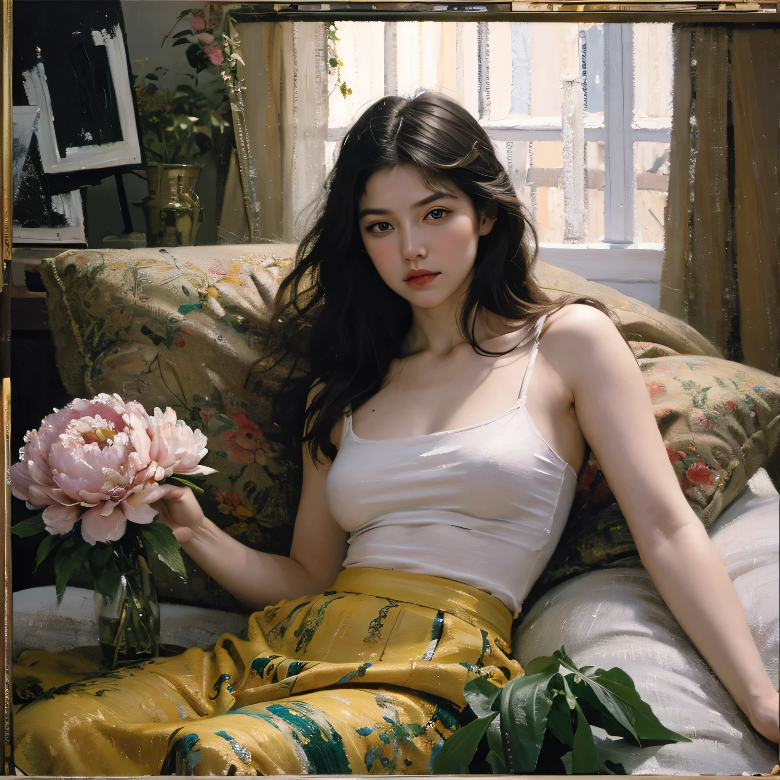(oil painting:1.5), \\ a woman with (long curtly hair ), ((green eyes)) is lie on the ground in veil, peony, (amy sol:0.248), yellow, with skirt,(stanley artgerm lau:0.106), (a detailed painting:0.353), (gothic art:0.106)
