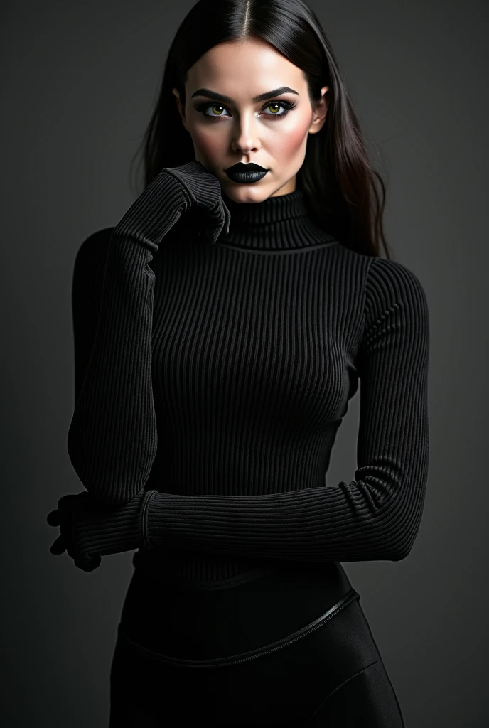 AmandaRae, lips parted, wearing a black turtleneck, blue wall, epic character composition, hands on hip, shot with a RED Monstro 8K VV, sharp focus, dramatic edge lighting, subsurface scattering, sharp focus:1.2, masterpiece, realistic, hyper realistic, high contrast, High Detail, cinematic color grading,