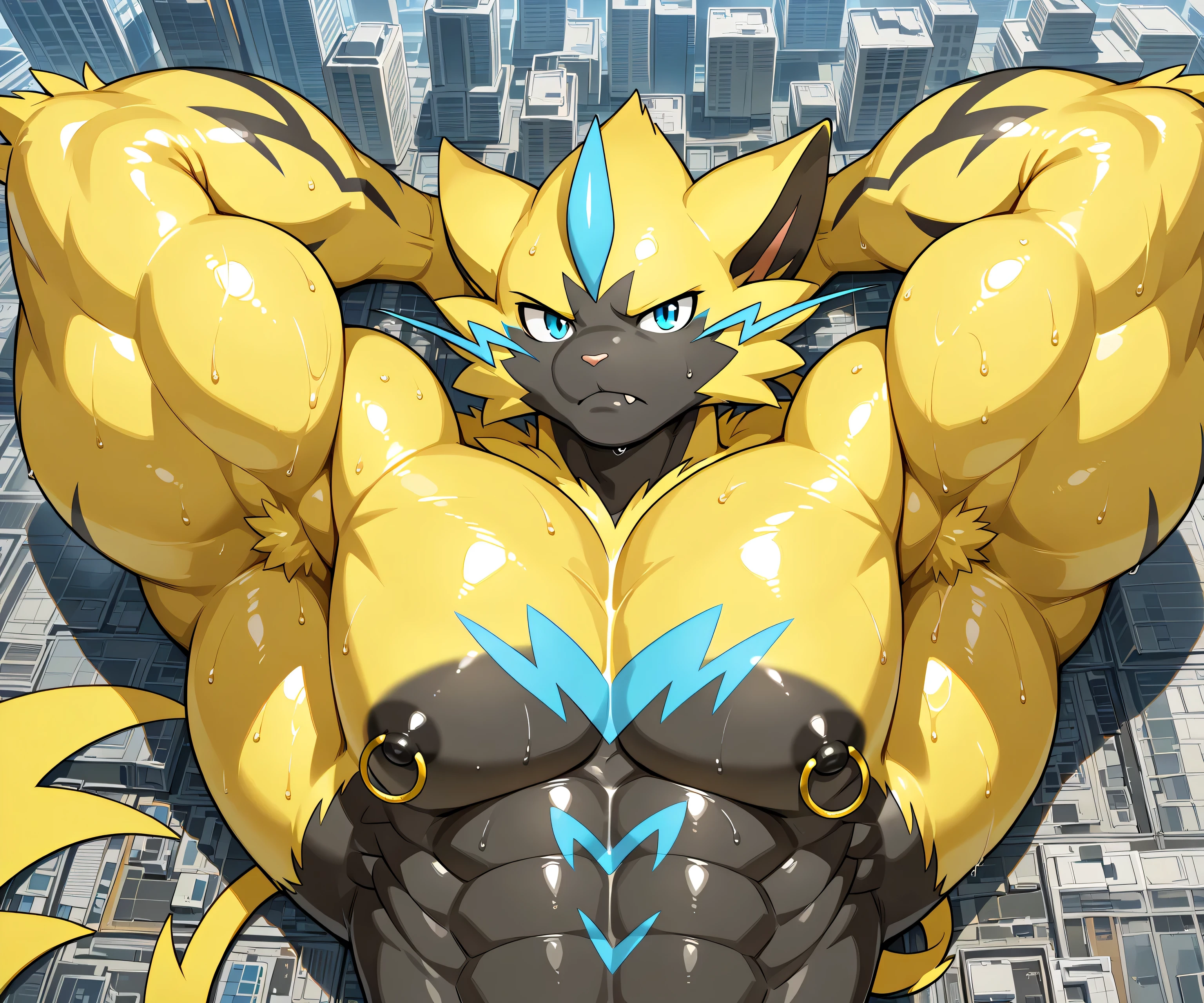 kemono, bara, solo, furry, Anthro, zeraora, male, tail, fangs on lips, muscular, posing, leaning backward, huge black nipples, golden nipple rings, broad shoulders, huge arms, broad chest, yellow fur on head, yellow fur on arms, detailed background, serious, one eyebrow raised, sweaty, high view, lying down, hands behind head, macro, city, looking at viewer, upper body shot, flexing an arm BREAK score_9_up, score_8_up, score_7_up, score_6_up, score_5_up, score_4_up BREAK by null-ghost