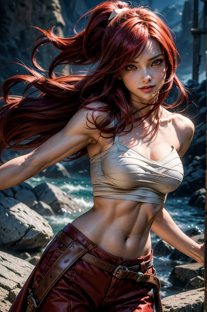 masterpiece, best quality, highres, erza scarlet, fairy tail, smile, long hair , red hair , ponytail , white ribbon , hair over one eye , brown eyes , ????????????? , collarbone , ????? sarashi , bandage , ???? arms , midriff , red hakama , red pants ,holding weapon , sword , katana , standing on beach, rocky cove, cliff face, cowboy shot,  looking at viewer, masterpiece,stunning girlfriend, heart shaped face, elegant face, beautiful face, highly detailed face, highly detailed skin, skin pores, subsurface scattering, realistic pupils, looking at viewer, full lips, detailed background, depth of field, atmospheric perspective, volumetric lighting, sharp focus, absurdres, realistic proportions, good ???????, (realistic, hyperrealistic:1.4), 16k hdr,