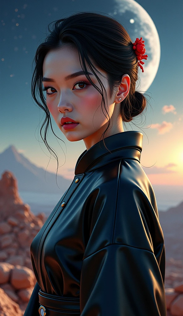 A beautiful woman,delicate face,captivating eyes,soft leather kimono,silky hair dress,black rubber spacesuit,pose elegant,serious expression,futuristic,Extravagant landscape,starry sky, distant planet ,dramatic lighting effects,art concept style,hyperrealistic digital painting,4k,hdr,ultra detailed,physical rendering,vibrant colors, mysterious tone 