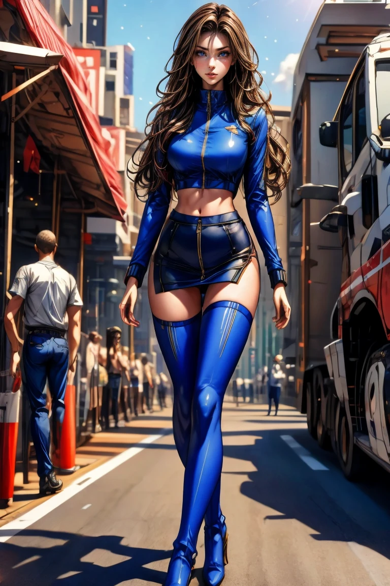 A full-body, ultra-detailed semi-realistic digital painting of a mature Croatian woman in her early 40s, with a tall, toned, elegant figure that radiates confidence and modern allure. Her proportions follow a 10-heads-tall fashion model silhouette, with a modestly full bust, narrow waist, long legs, and athletic posture. She stands with composed poise, one hip tilted, exuding refined strength. Her skin is light beige with a golden undertone. Her facial features are intensely sharp—high cheekbones, a long narrow nose, and a defined, angular V-shaped jawline. Her eyes are distinctly elongated and narrow, stretching toward the temples in a sharp, slanted shape. The outer corners sweep upward slightly, giving her a sleek, fox-like gaze. Her brows are bold and well-arched, amplifying her cold, confident expression. Her lips are medium-thin with a pointed Cupid’s bow, colored in matte mauve. Her makeup is sculpted and refined: smoky taupe shadow pulled outward into a sharp wing, slight under-eye shadow to enhance length, and precise contouring along the jaw and cheekbones.

She wears a modern race queen outfit: a navy blue zip-up crop top with matte silver paneling and angular seams, cut close to her body. The ultra-short asymmetrical skirt features clean navy-silver contrast and integrated sponsor tags. Navy thigh-high boots with silver zippers and fingerless gloves finish the athletic yet elegant ensemble. Her chestnut brown hair is long, center-parted, and straight, flowing cleanly to her waist without bangs or accessories.

She stands at a sunlit race venue, with blurred urban details and cool directional shadows that emphasize the refined structure of her face and elongated eye shape. Masterpiece, best quality, semi-realistic, 8K resolution, cinematic lighting, hyperrealistic portrait, finely detailed.