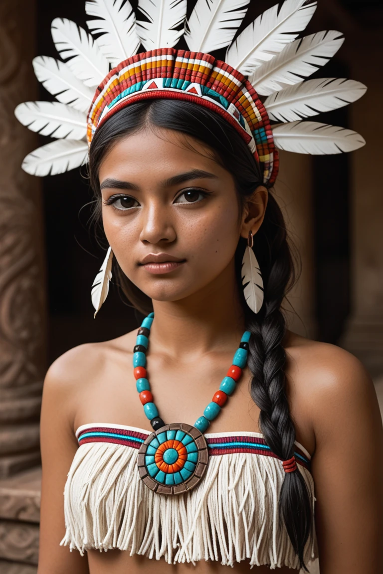 arafed woman in native dress with feather headdress and headdress, a portrait by Caroline Mytinger, tumblr, sumatraism, amazon indian peoples in brazil, wearing an elegant tribal outfit, wearing authentic attire, tribal clothing, portrait of a young pocahontas, wearing a dress made of beads, traditional beauty, a young female shaman, leaked image