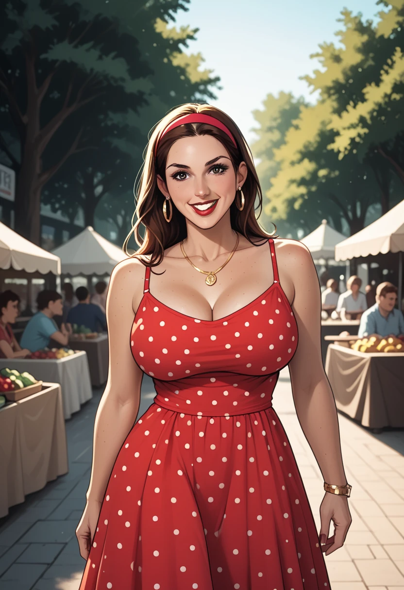 Gorgeous and sultry busty athletic (thin) brunette with sharp facial features and a (large nose) and (huge boobs) wearing a pale yellow off-shoulder ruffled sundress, hairband, long dress, skindentation, cleavage, park, lake, picnic