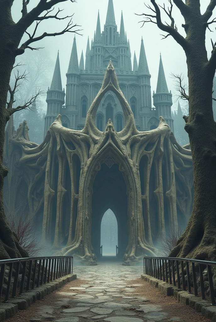 bone castle surrounded by a fence of pointed tree trunks, with two guardrails around the main gate