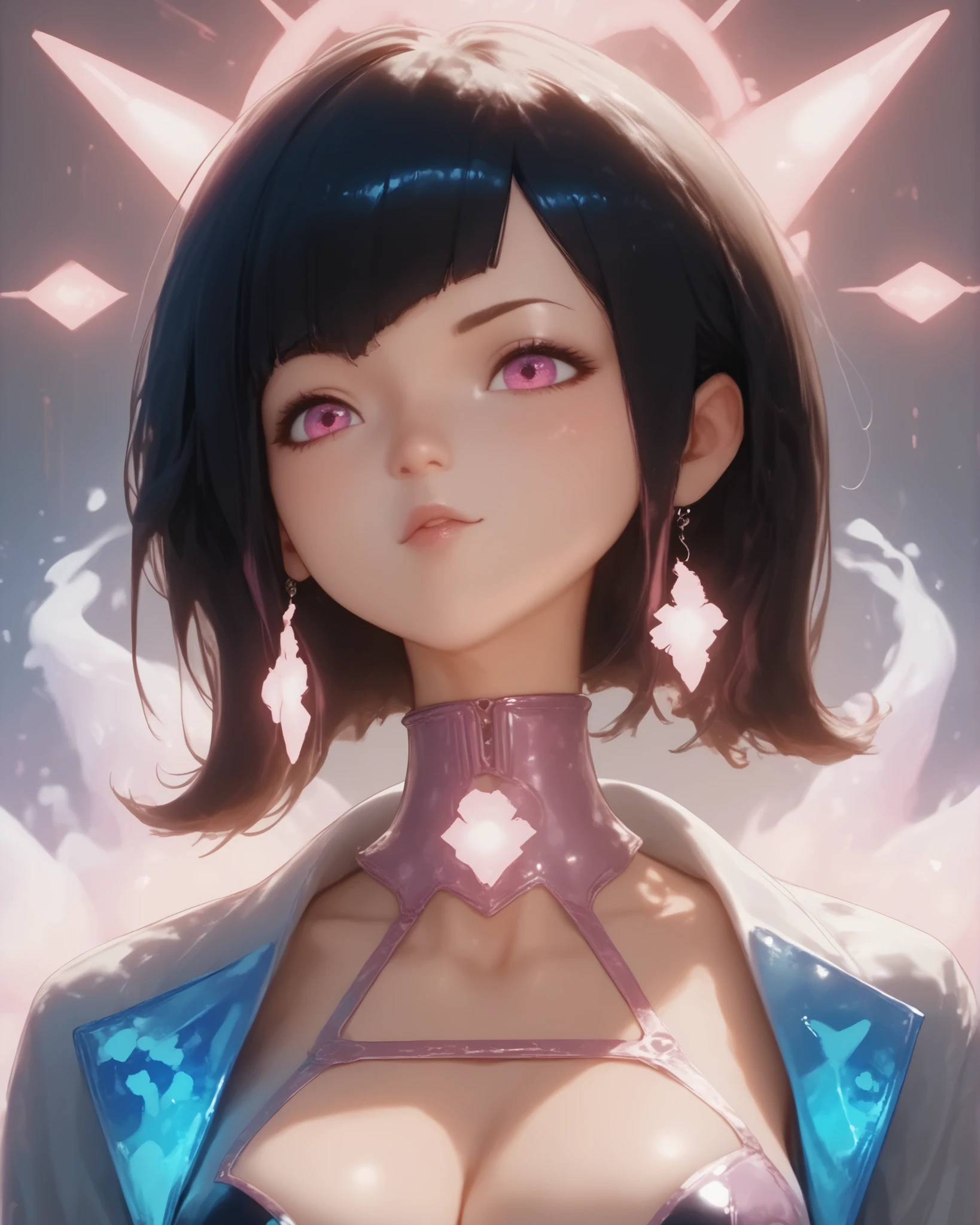 The image depicts a character with short, dark hair featuring bright pink tips. She is wearing a sleek, form-fitting futuristic outfit made from a shiny, reflective material, which is decorated with intricate glowing patterns in shades of blue and pink. The outfit has a high collar and an open neckline that showcases a glowing crystal at her chest, further emphasizing the sci-fi aesthetic. In the background, there are swirling blue and pink energy patterns that create a dynamic and intense atmosphere. The artwork uses a strong central composition with high contrast lighting to highlight the intricate details and vibrant colors, giving it a striking and powerful appearance.
