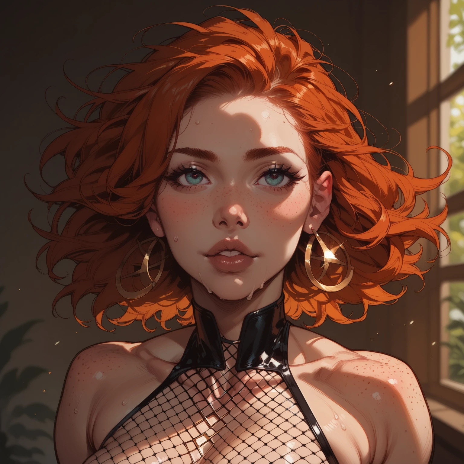 1 12 year old single girl faces red hair round eyes, eyeshadow, lewd expression,