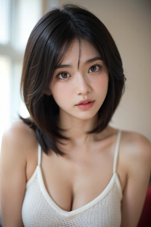 (((best super touching、super highest quality、32K、非常に詳細な CG Unity 32K wall紙、ticker、Raw photo 1.3、very noisy々new image、very noisy々new imageの品質、Photoreal 1.4、Highest quality 1.3、Super detailed 1.2, small details, High resolution, wall , perfect dynamic composition, masterpiece, surreal, 32K, real human being、)))、alone、sleep on your back、arm behind head、bed、messy hair、My cheeks turned red: 2、dreamy wet eyes、Watery eye、A captivating look at your favorite V-neck tank top, I love you so much that I tremble, I want to kiss you.、