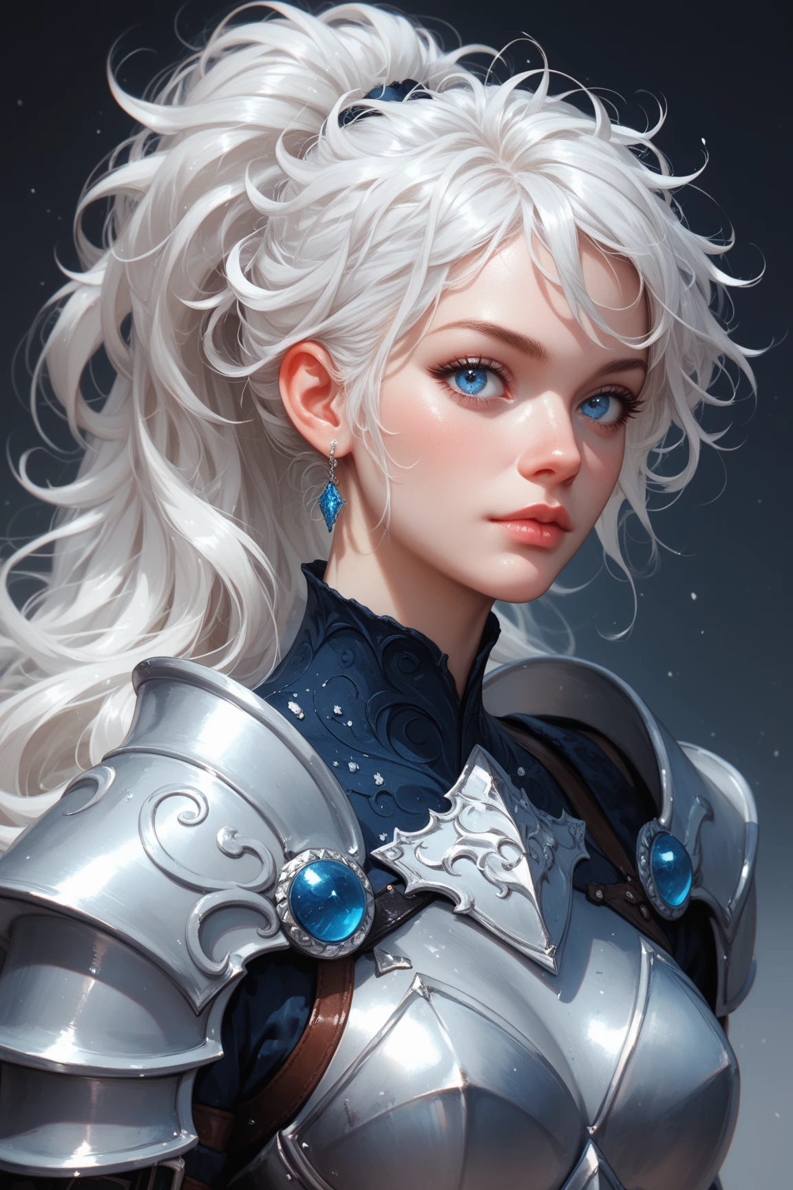 Beautiful and ultra-detailed, (1female), long white hair, messy hair, ponytail, bright blue eyes, pale skin, black midevil armor