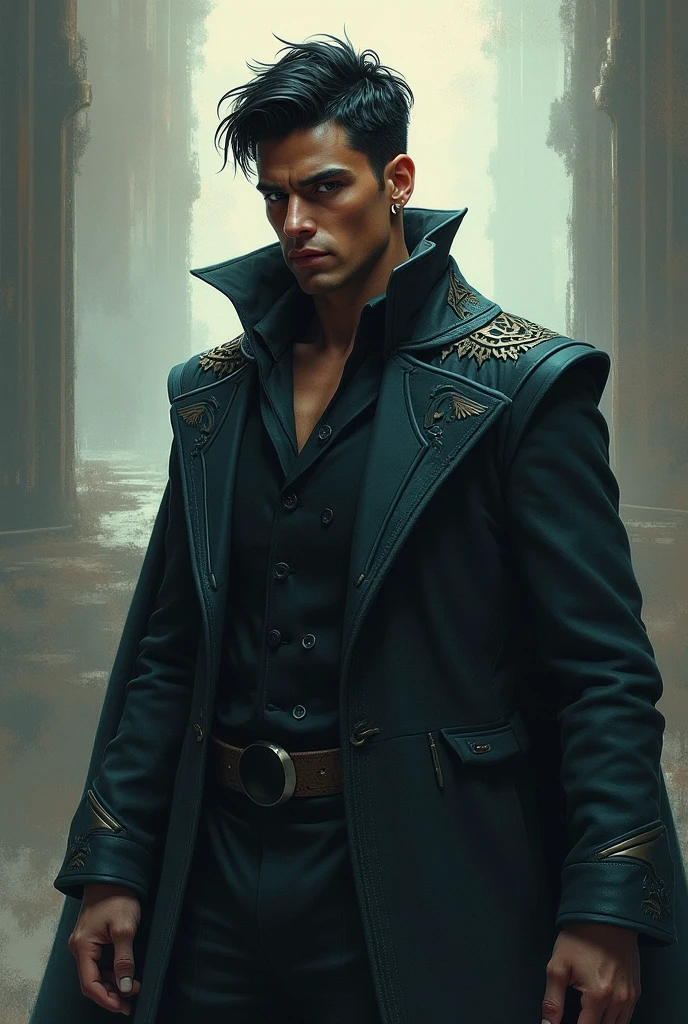 Man.
25 years old
Is tall.
Has dark hair.
Has an extremely attractive appearance, with an otherworldly look.
Has a lean and muscular build.
Has a pair of intense crimson eyes.
Has very sharp fangs and claws.
Wears elegant and revealing clothes that highlight his appearance.
Comes from a medieval fantasy world.
A smug smile on his face