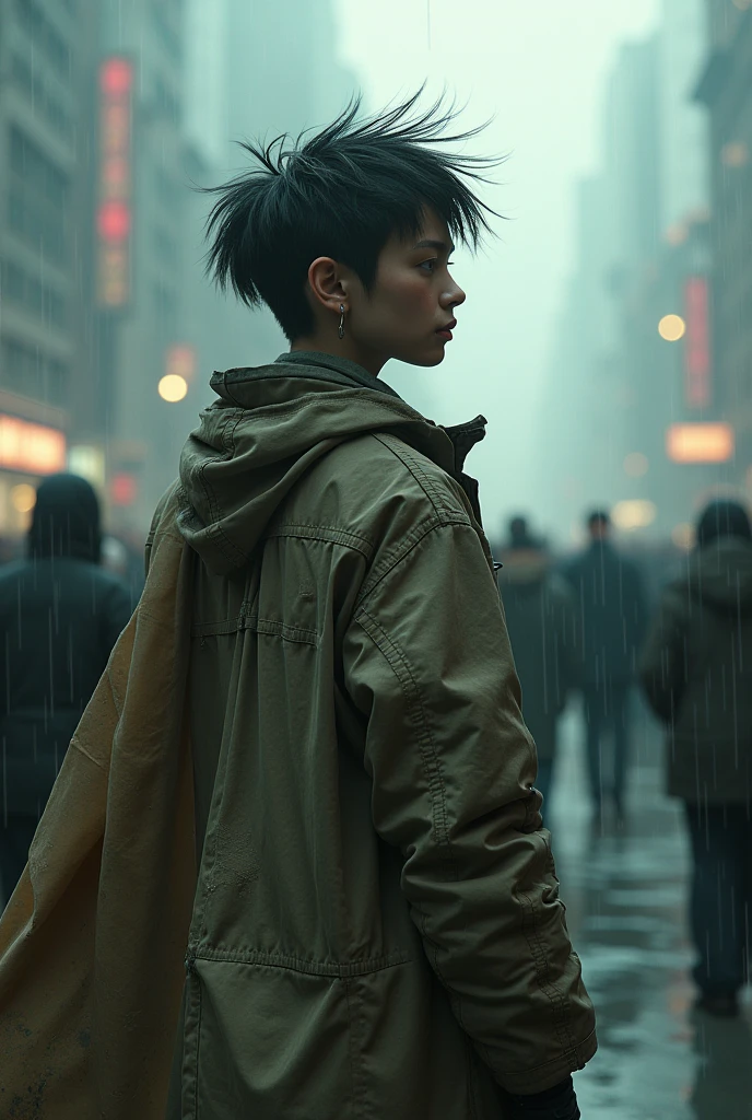abstract colors, texture, film grain, A complex and dramatic portrait of a beautiful sci-fi scientist blowing in the wind. (solar punk)1.2, I'm worried, A worn and tattered coat, Near Future City, foggy morning, cinematic, Video still image frame, blade runner 2049, Punk hairstyle, Modified Carbon, Acid rain pours down, (analog style)1.3, (film grain)1.3, masterpiece, realistic, hyper real, cyber punk, Neutral Color, particle, wet in the rain, large crowd of people々walk through a crowd of people passing by